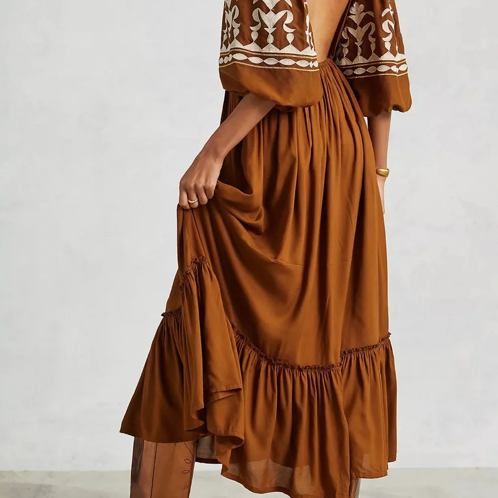 Anthropologie Boho Maxi Dress NWT Rich Brown Embroidered So Perfect & Stunning! - Picture 5 of 12